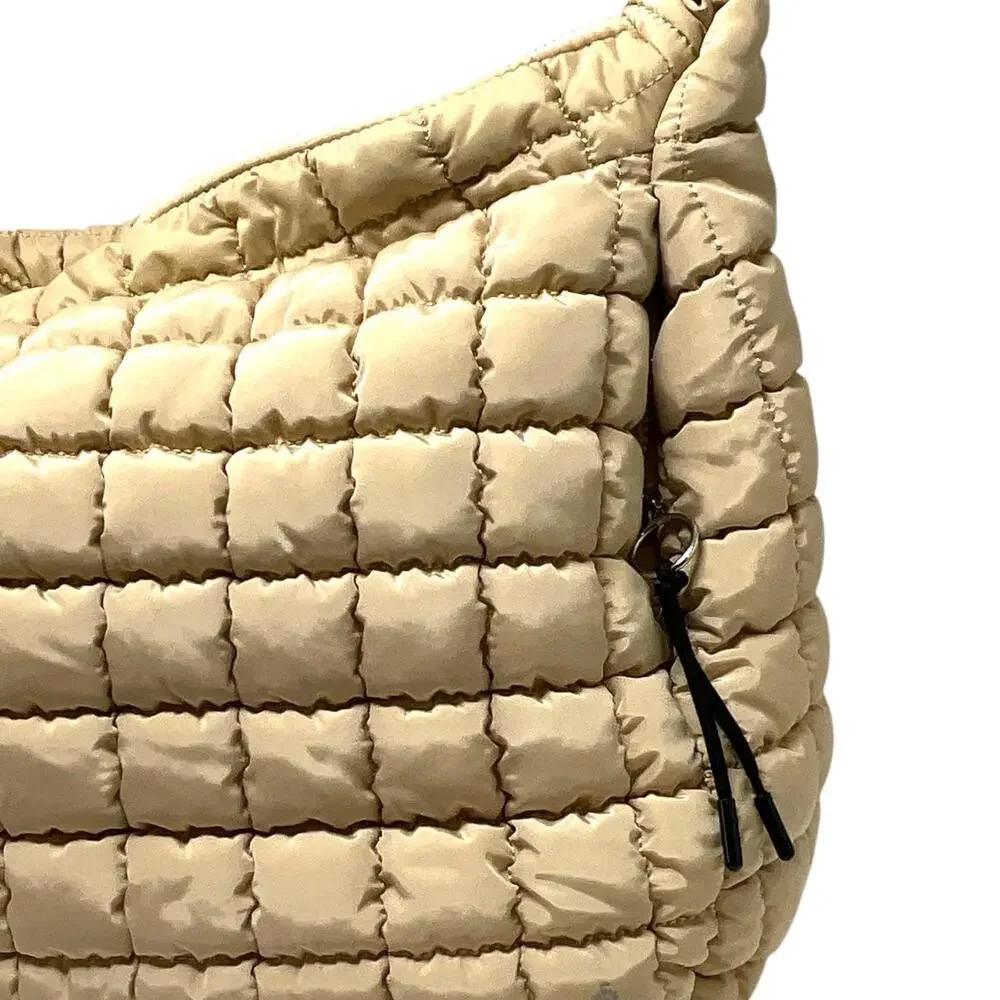 Free People FP Movement Quilted Carryall Hobo Bag Womens Large Beige Pockets